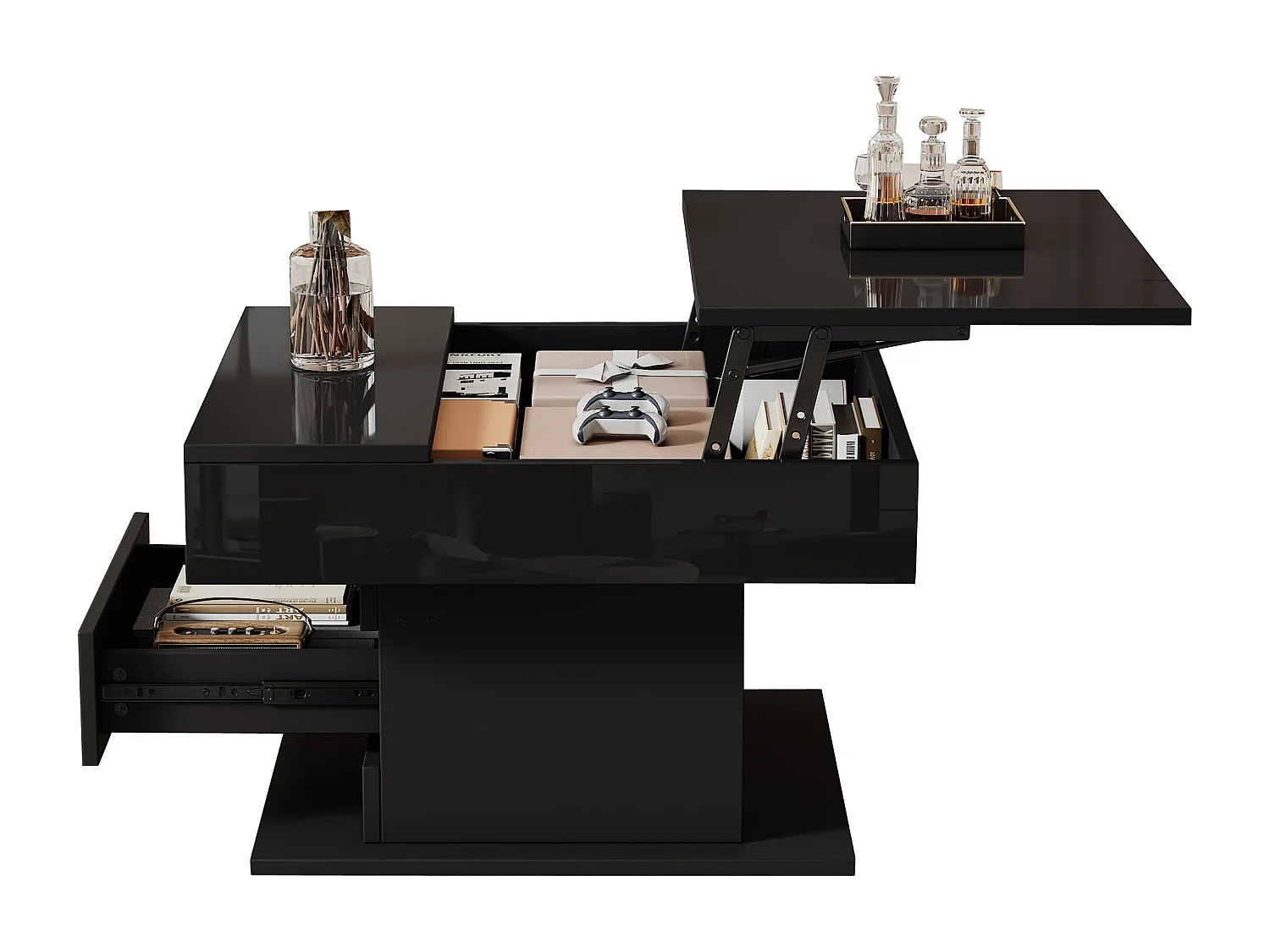 Höhenverstellbarer Couchtisch 70x70x45cm - 360° drehbare Platte - mit 1 Schublade - Versteckter Stauraum - Hochglanzfinish - ​​Schwarz​