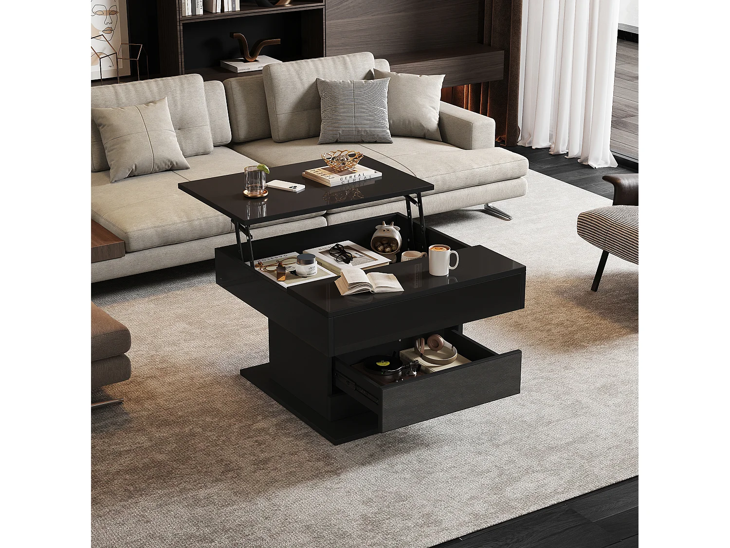 Table basse relevable 70x70x45cm - Plateau pivotant à 360° - avec 1 tiroir - Rangement caché - Finition brillante - Noir