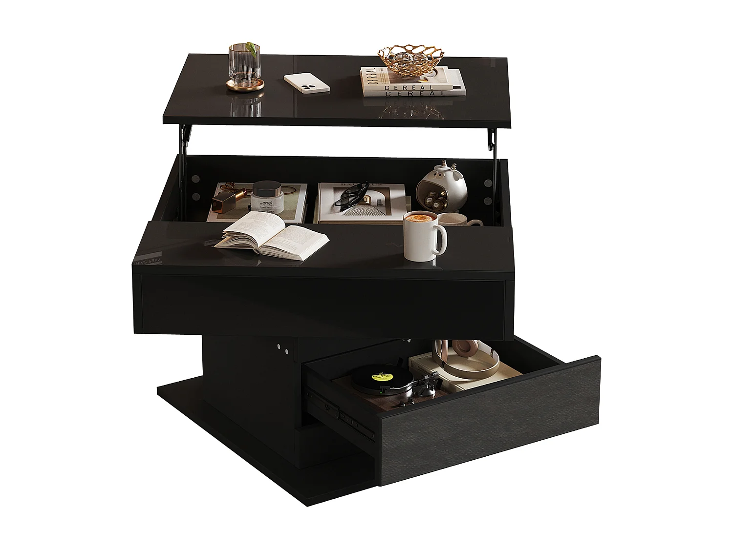 Table basse relevable 70x70x45cm - Plateau pivotant à 360° - avec 1 tiroir - Rangement caché - Finition brillante - Noir