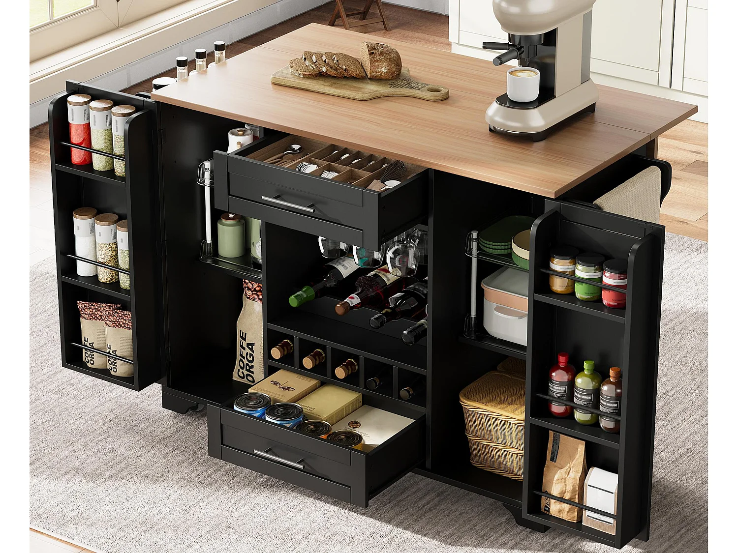 Ilot central de cuisine mobile - plateau extensible - avec casier à vin et porte-serviettes - avec 2 tiroirs et 2 portes - MDF - Noir