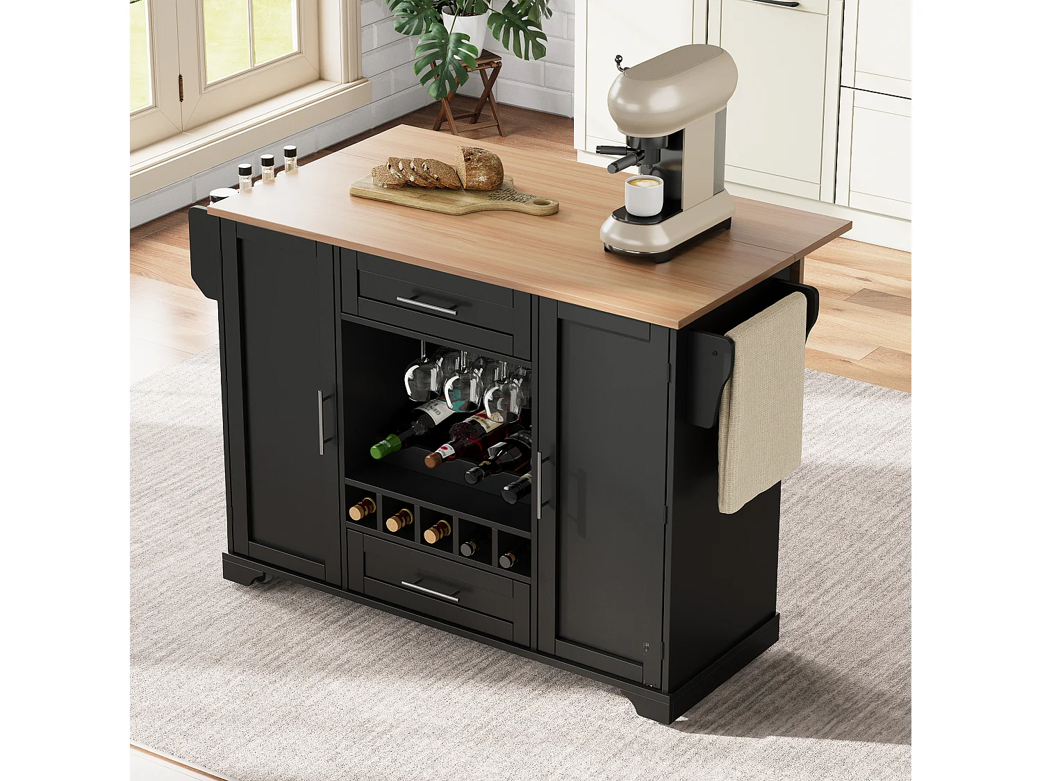 Ilot central de cuisine mobile - plateau extensible - avec casier à vin et porte-serviettes - avec 2 tiroirs et 2 portes - MDF - Noir