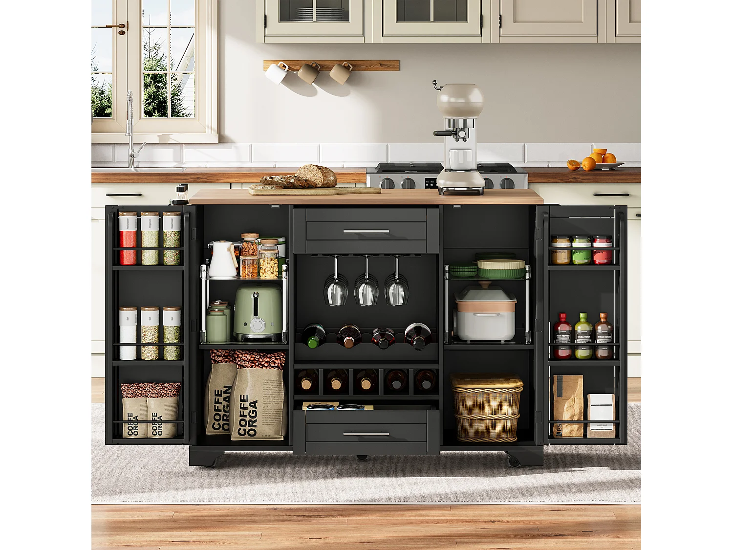 Ilot central de cuisine mobile - plateau extensible - avec casier à vin et porte-serviettes - avec 2 tiroirs et 2 portes - MDF - Noir