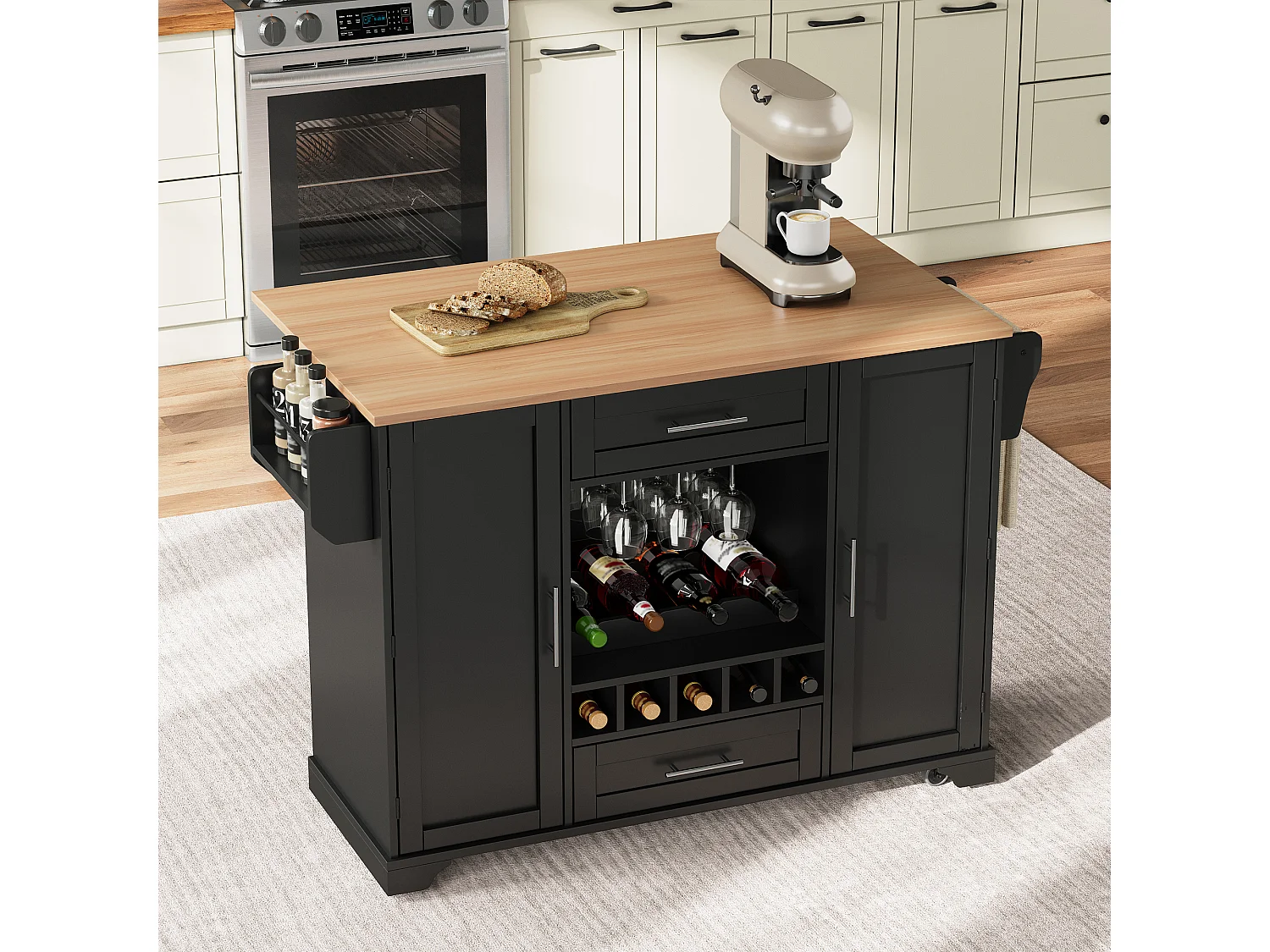 Ilot central de cuisine mobile - plateau extensible - avec casier à vin et porte-serviettes - avec 2 tiroirs et 2 portes - MDF - Noir