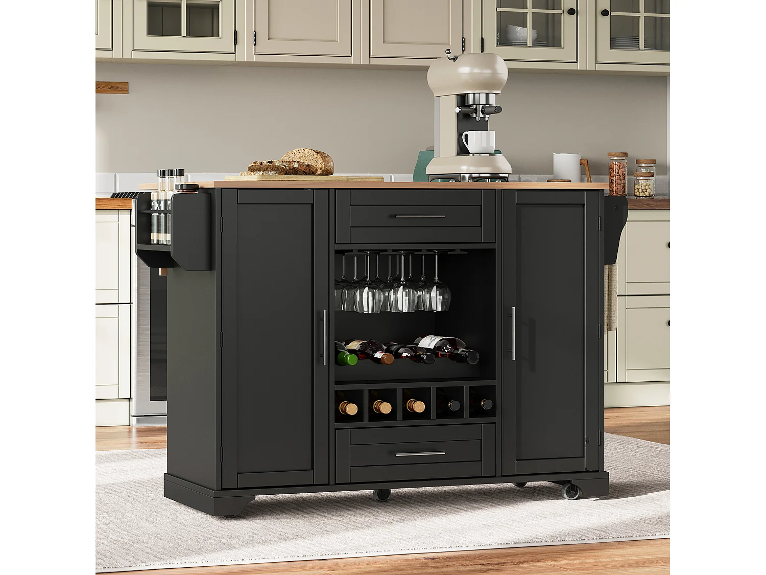 Ilot central de cuisine mobile - plateau extensible - avec casier à vin et porte-serviettes - avec 2 tiroirs et 2 portes - MDF - Noir