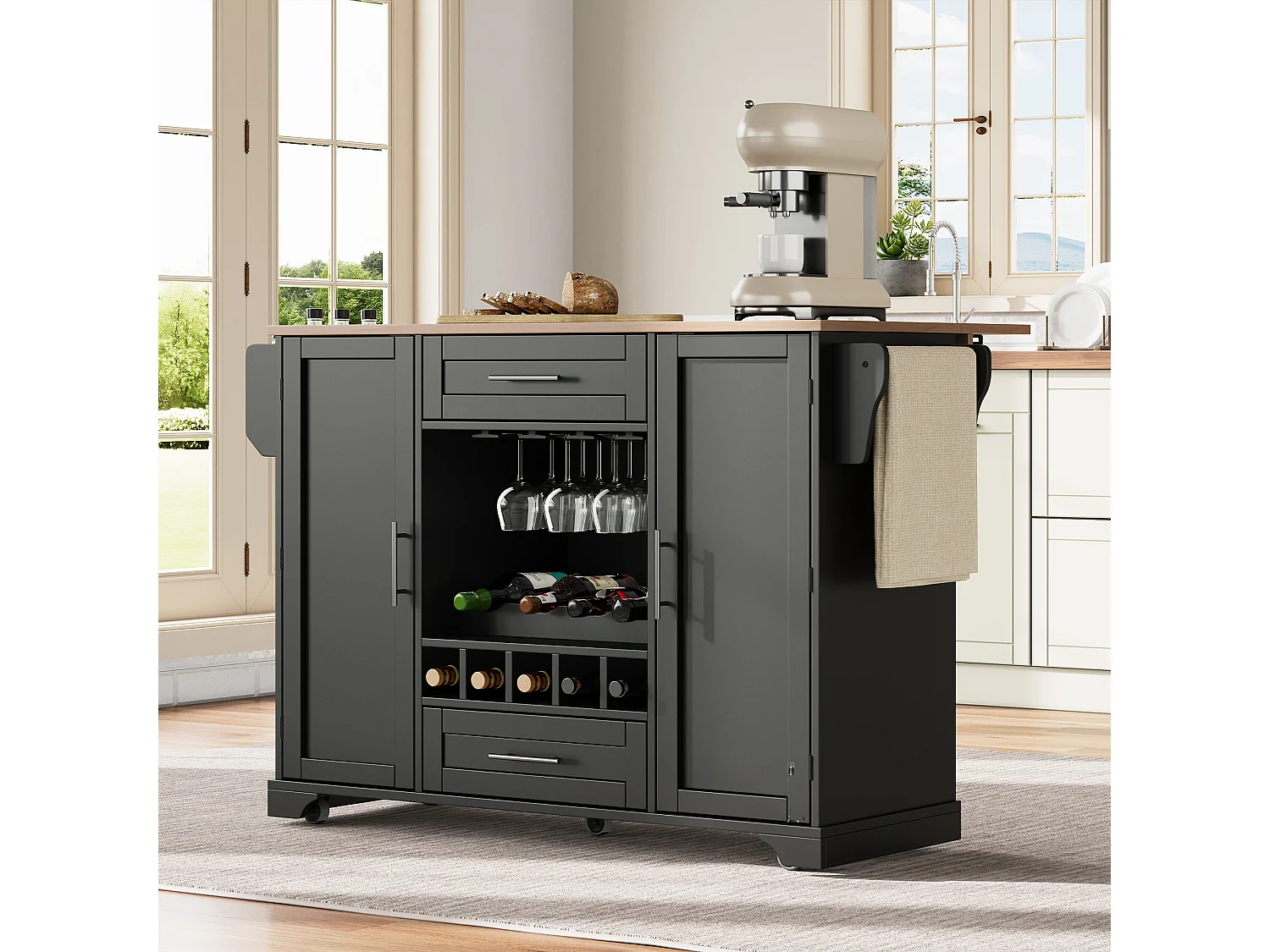 Ilot central de cuisine mobile - plateau extensible - avec casier à vin et porte-serviettes - avec 2 tiroirs et 2 portes - MDF - Noir