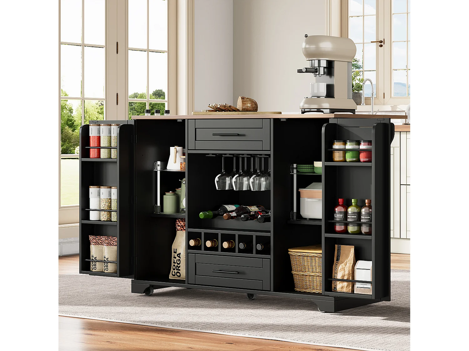 Ilot central de cuisine mobile - plateau extensible - avec casier à vin et porte-serviettes - avec 2 tiroirs et 2 portes - MDF - Noir