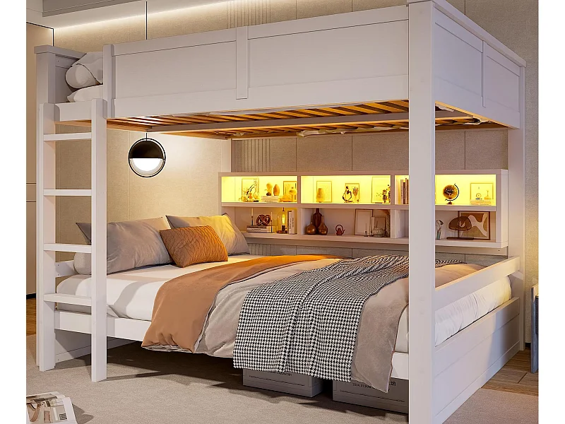 Lit superposé 160x200cm - avec placards de rangement - avec LED - avec barrières et escaliers - Blanc (matelas non inclus)