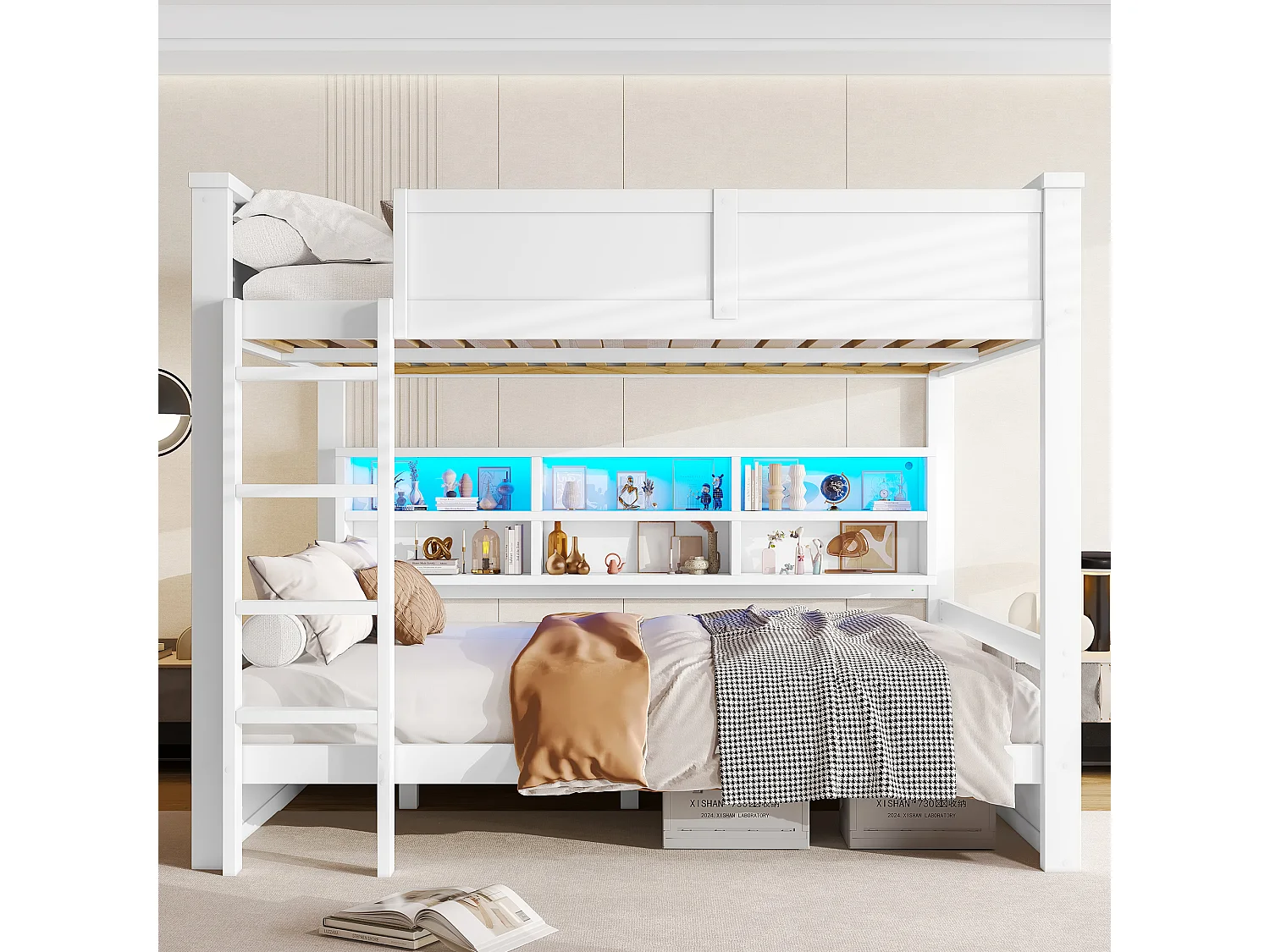 Lit superposé 160x200cm - avec placards de rangement - avec LED - avec barrières et escaliers - Blanc (matelas non inclus)