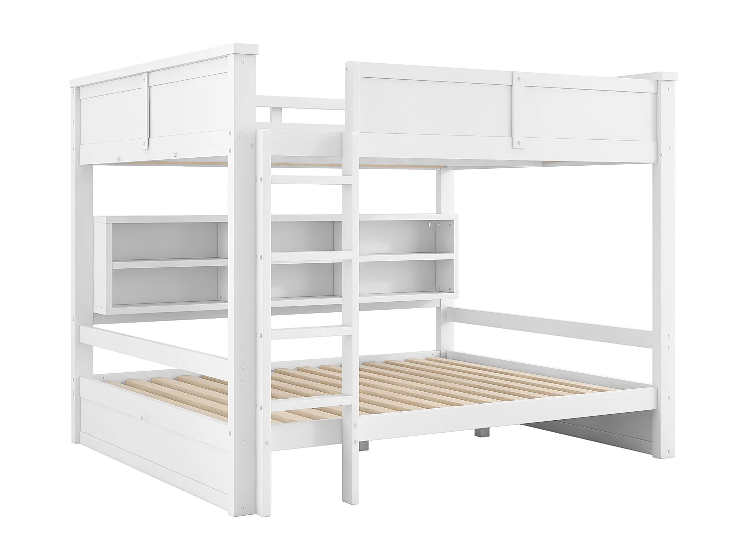 Lit superposé 160x200cm - avec placards de rangement - avec LED - avec barrières et escaliers - Blanc (matelas non inclus)