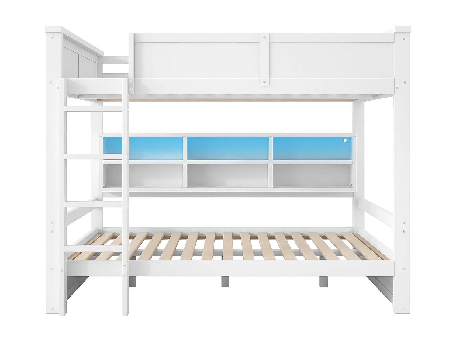 Lit superposé 160x200cm - avec placards de rangement - avec LED - avec barrières et escaliers - Blanc (matelas non inclus)