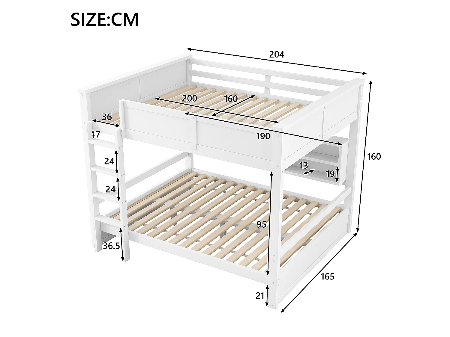 Etagenbett 160x200cm - mit Stauraumschränken - mit LED-Beleuchtung - mit Sicherheitsgittern und Treppen - Weiß (Matratze nicht inbegriffen)