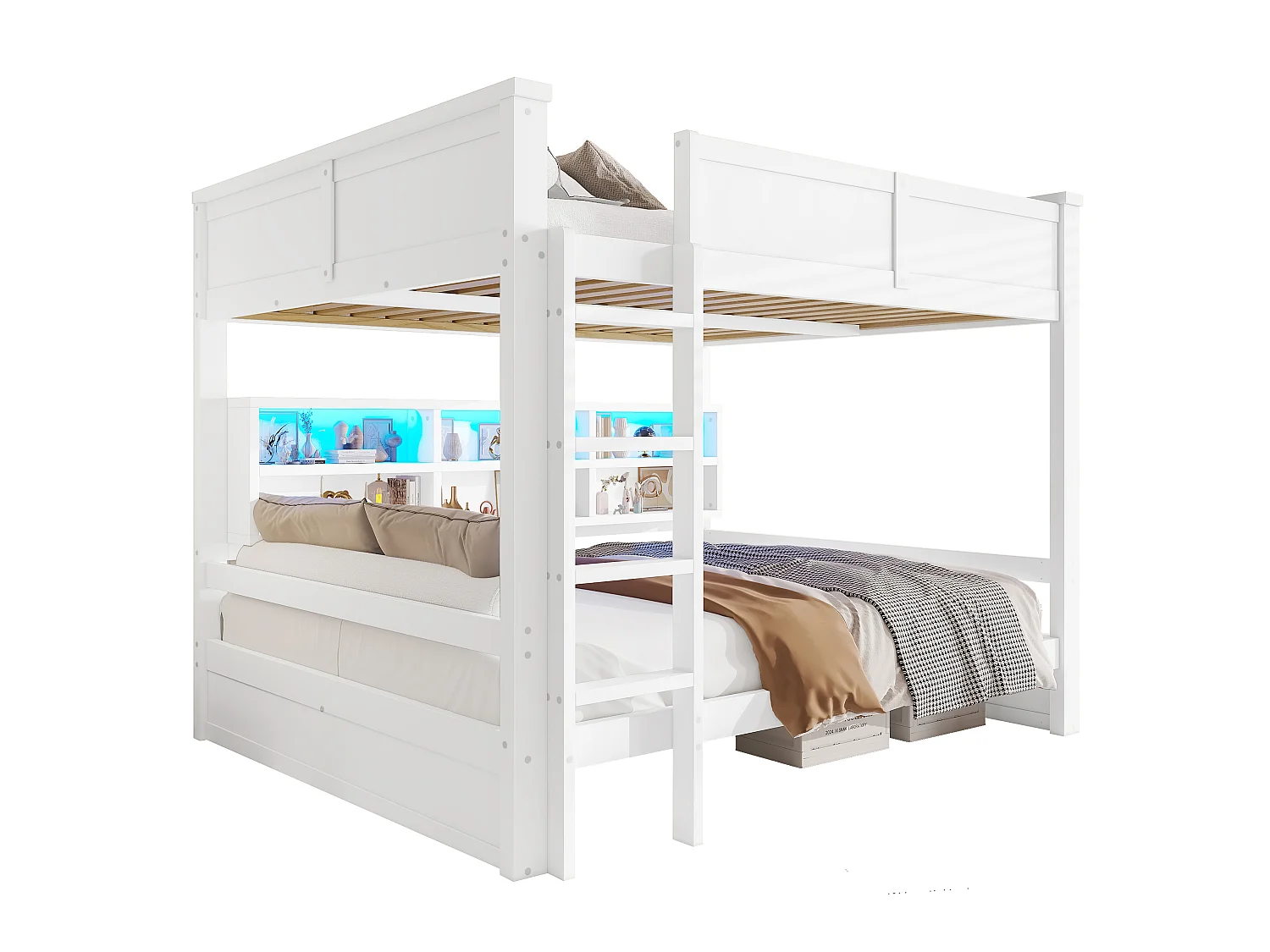 Etagenbett 160x200cm - mit Stauraumschränken - mit LED-Beleuchtung - mit Sicherheitsgittern und Treppen - Weiß (Matratze nicht inbegriffen)
