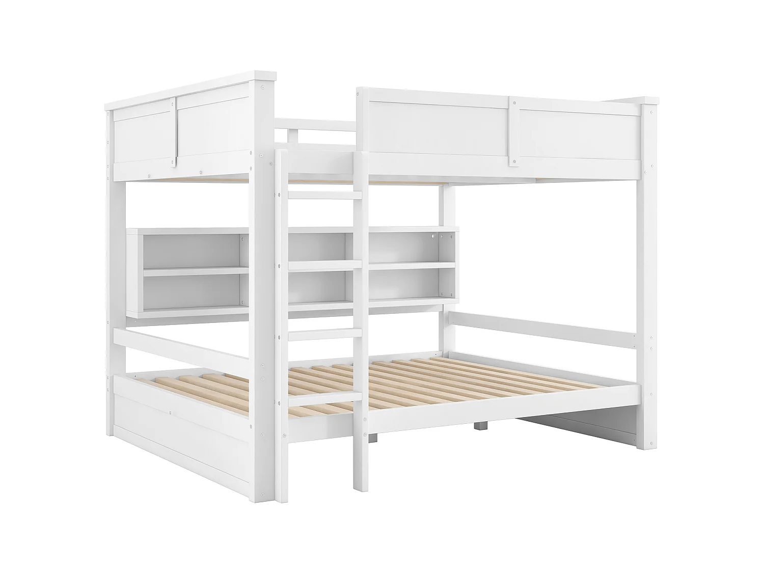 Etagenbett 160x200cm - mit Stauraumschränken - mit LED-Beleuchtung - mit Sicherheitsgittern und Treppen - Weiß (Matratze nicht inbegriffen)
