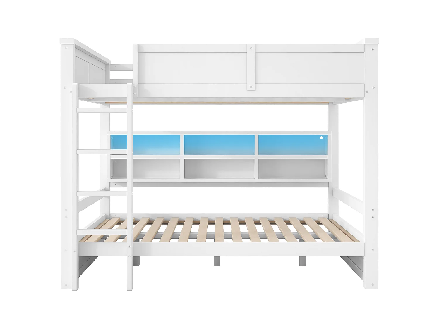 Etagenbett 160x200cm - mit Stauraumschränken - mit LED-Beleuchtung - mit Sicherheitsgittern und Treppen - Weiß (Matratze nicht inbegriffen)
