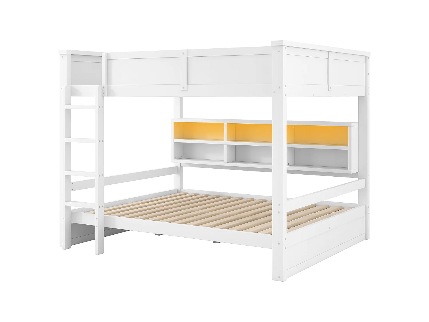 Etagenbett 160x200cm - mit Stauraumschränken - mit LED-Beleuchtung - mit Sicherheitsgittern und Treppen - Weiß (Matratze nicht inbegriffen)
