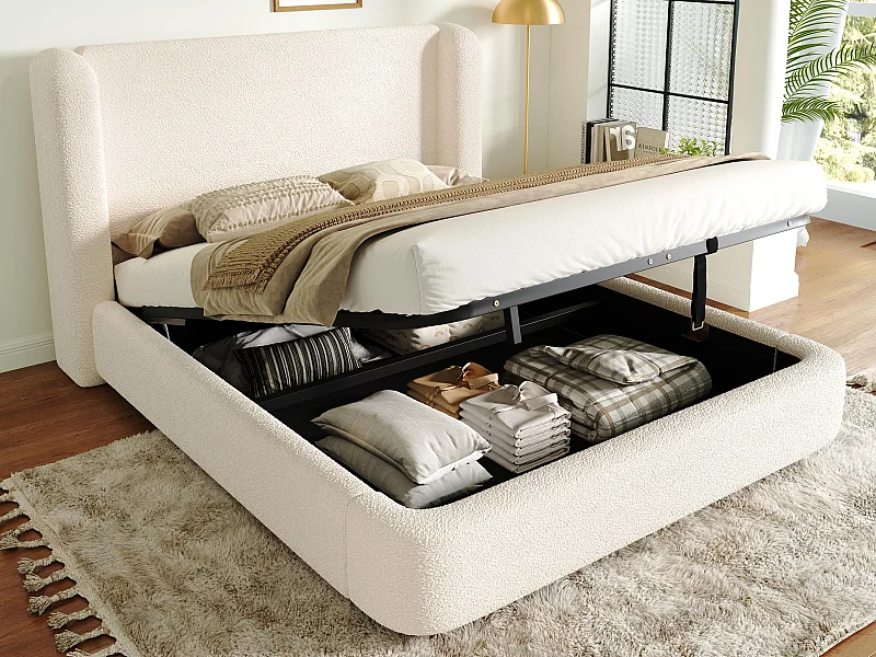 Lit coffre rembourré 160x200cm - avec espace de rangement - Velours bouclé - Beige (matelas non inclus)