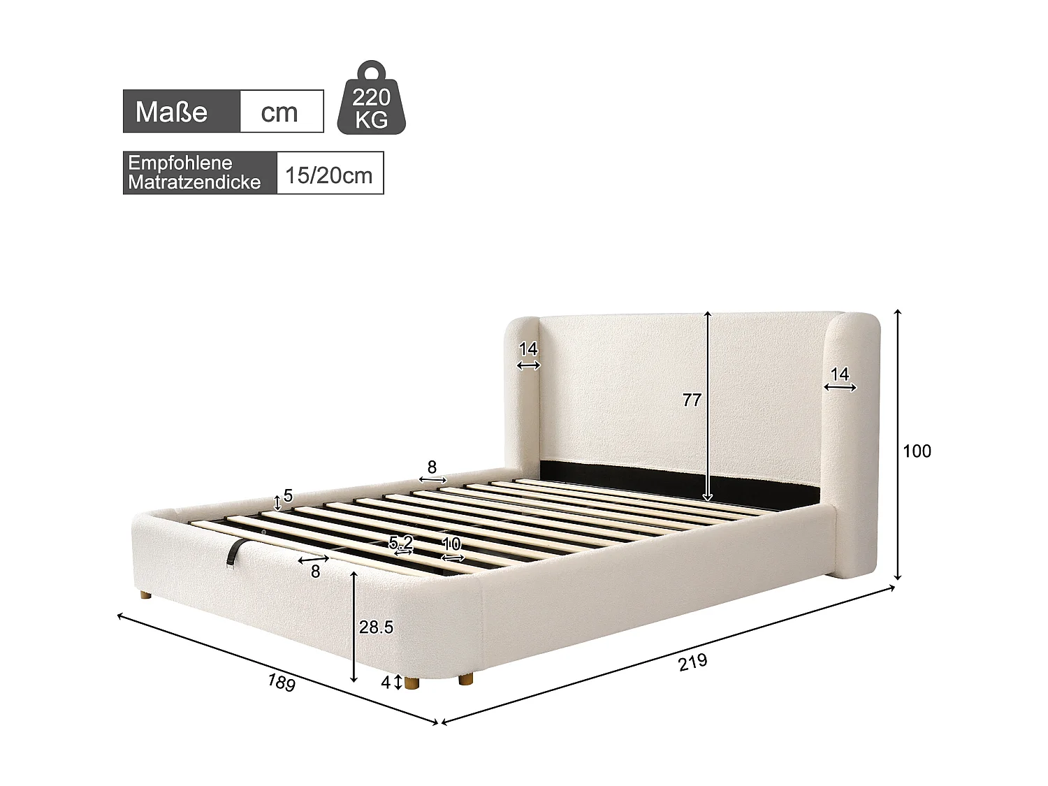 Lit coffre rembourré 160x200cm - avec espace de rangement - Velours bouclé - Beige (matelas non inclus)