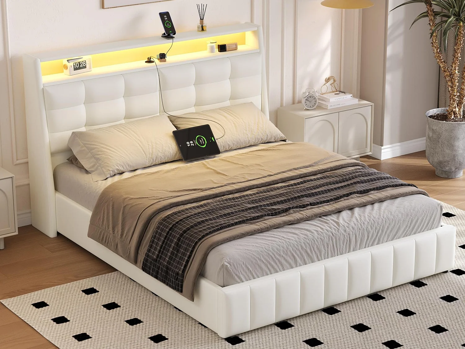 Lit coffre rembourré 160x200 mm - avec LED et port USB - Tête de lit réglable - MDF+PU - Blanc (matelas non inclus)