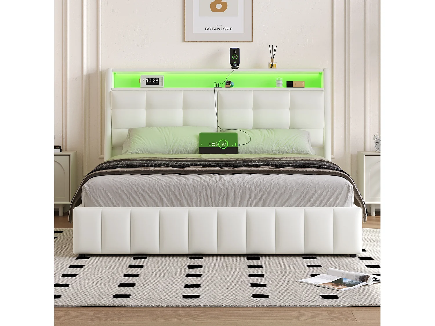 Lit coffre rembourré 160x200 mm - avec LED et port USB - Tête de lit réglable - MDF+PU - Blanc (matelas non inclus)