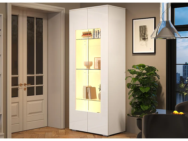 Hochglanz Vitrine 70x40x173 cm - 2 Acrylglas-Türen - mit LED-Beleuchtung - Sicherheitsglas - MDF - Weiß