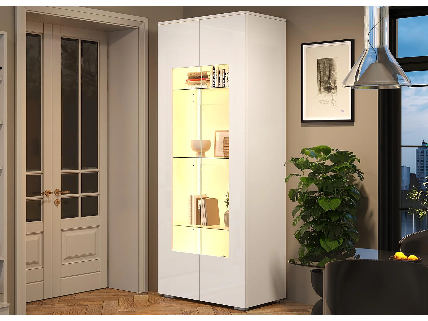 Hochglanz Vitrine 70x40x173 cm - 2 Acrylglas-Türen - mit LED-Beleuchtung - Sicherheitsglas - MDF - Weiß