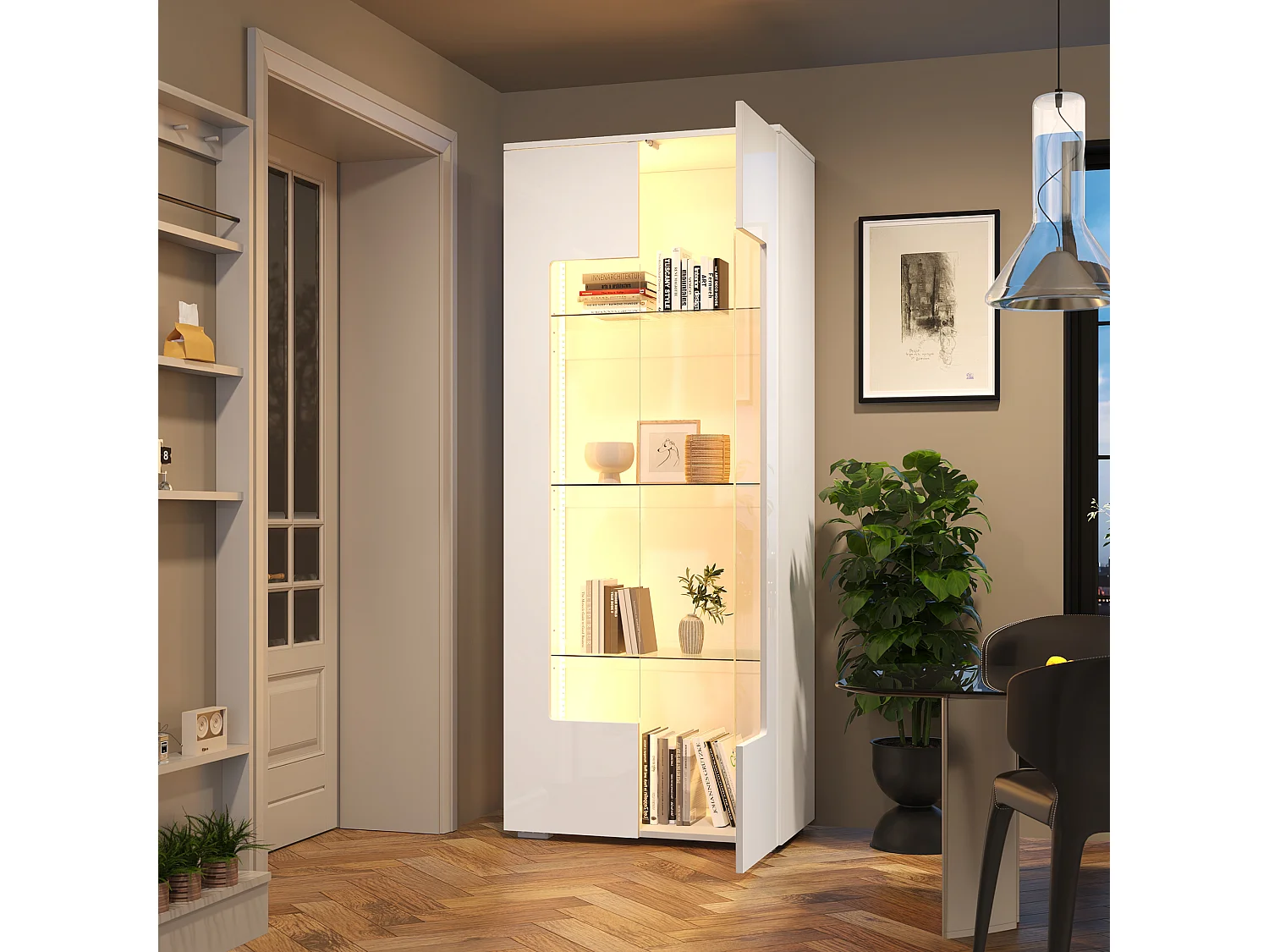 Hochglanz Vitrine 70x40x173 cm - 2 Acrylglas-Türen - mit LED-Beleuchtung - Sicherheitsglas - MDF - Weiß