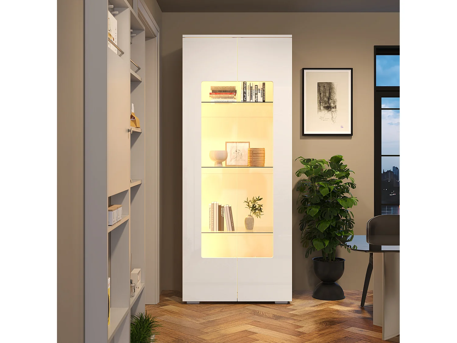 Hochglanz Vitrine 70x40x173 cm - 2 Acrylglas-Türen - mit LED-Beleuchtung - Sicherheitsglas - MDF - Weiß