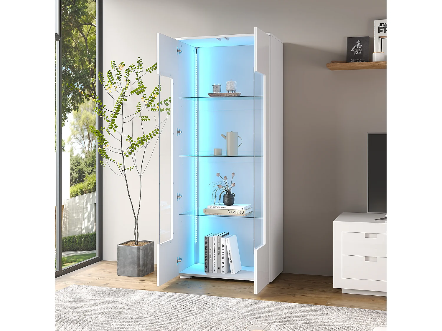 Hochglanz Vitrine 70x40x173 cm - 2 Acrylglas-Türen - mit LED-Beleuchtung - Sicherheitsglas - MDF - Weiß