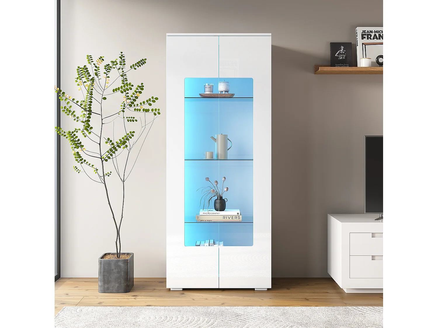 Hochglanz Vitrine 70x40x173 cm - 2 Acrylglas-Türen - mit LED-Beleuchtung - Sicherheitsglas - MDF - Weiß