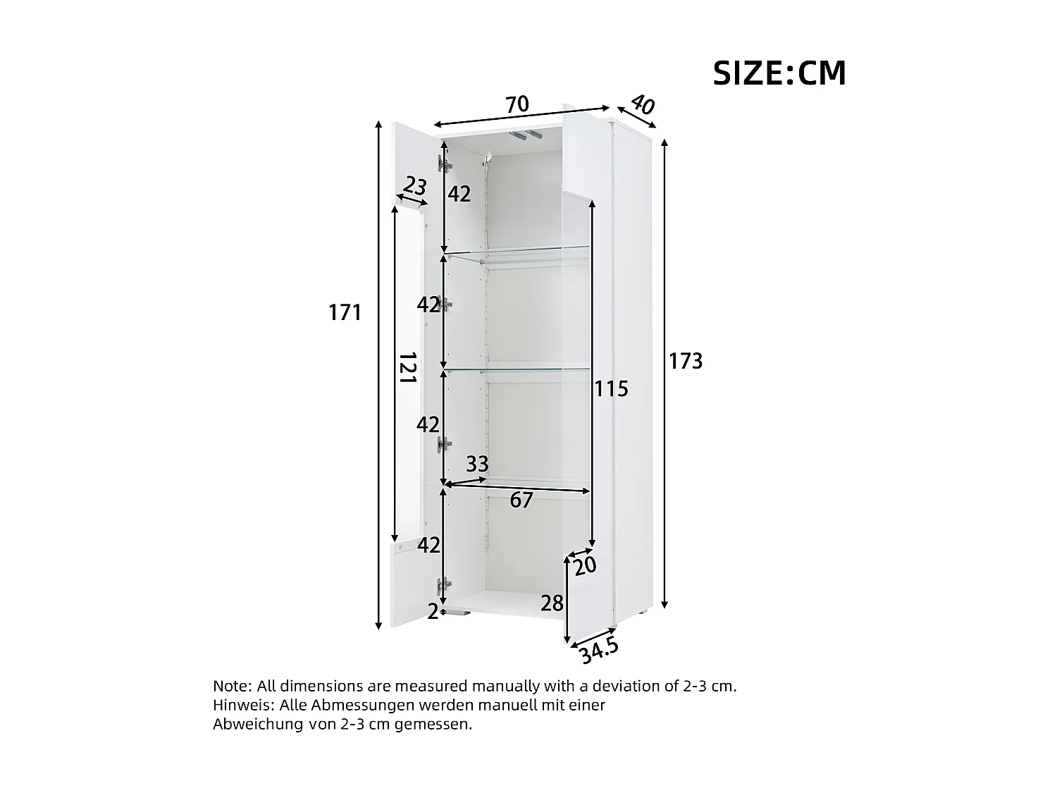 Vitrine haute brillance 70x40x173 cm - 2 portes en acrylique - avec éclairage LED - Verre trempé - MDF - Blanc