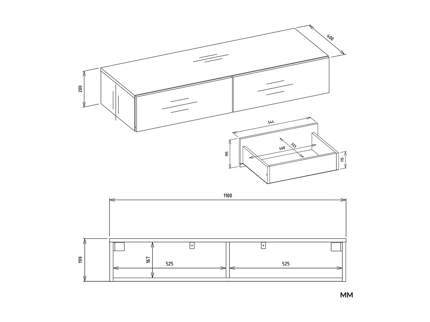 MIKA - Toeletta da parete 110 cm con 2 cassetti - Bianco (camera)