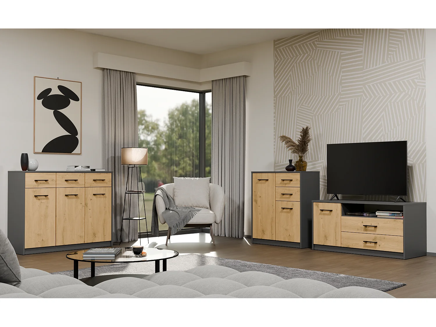 Komoda SIMPLO 3D3S | Antracyt Dąb Artisan | 109x35x85 cm | 3 Drzwi 3 Szuflady