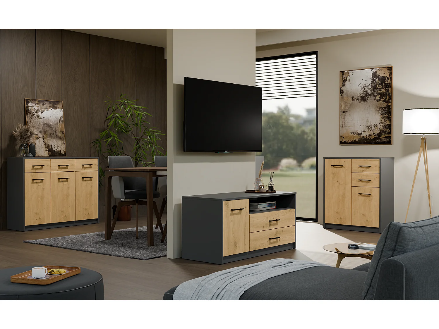 Komoda SIMPLO 3D3S | Antracyt Dąb Artisan | 109x35x85 cm | 3 Drzwi 3 Szuflady