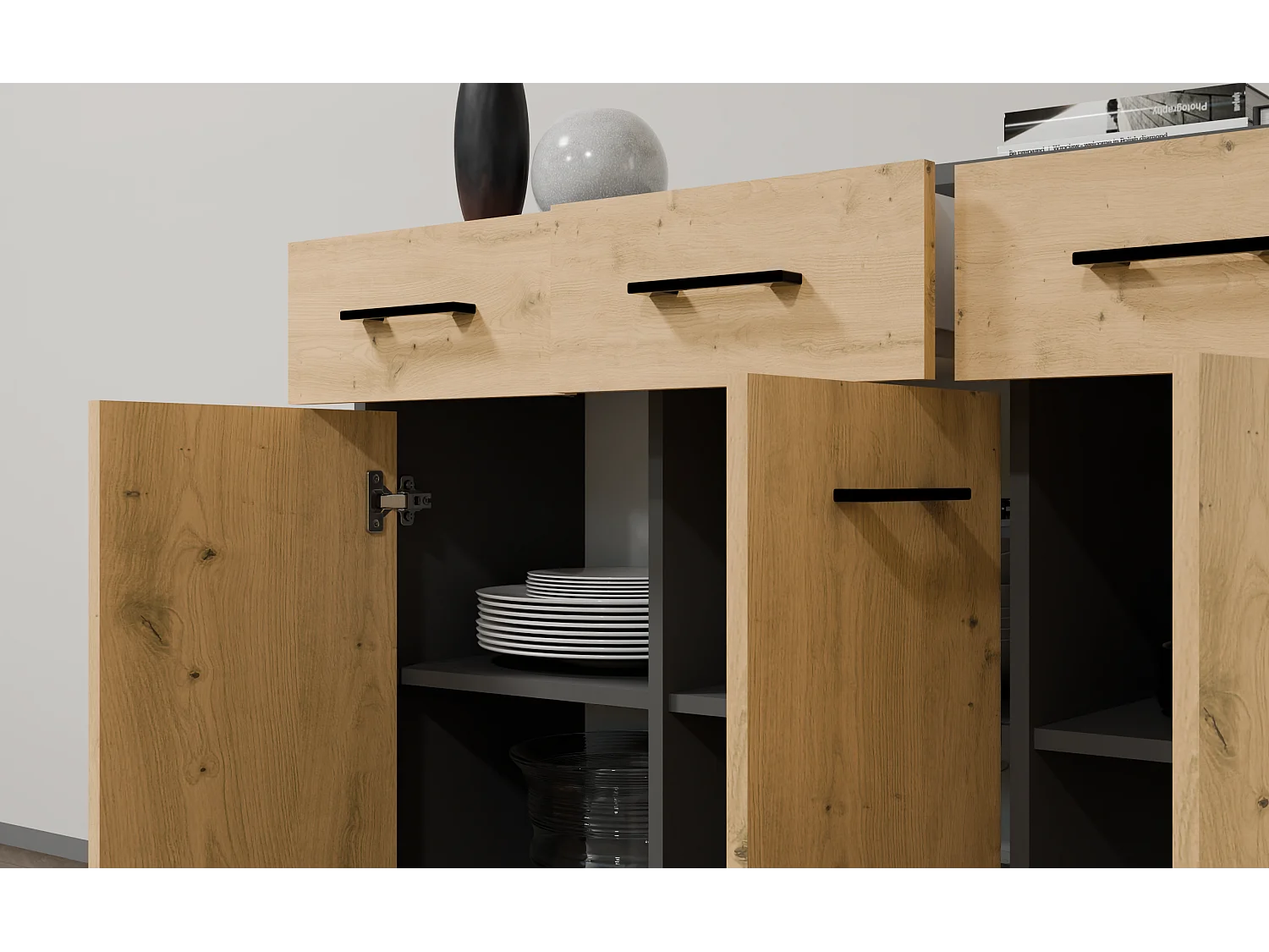 SIMPLO - Credenza 109 cm con 3 ante e 3 cassetti - Antracite rovere artigianale