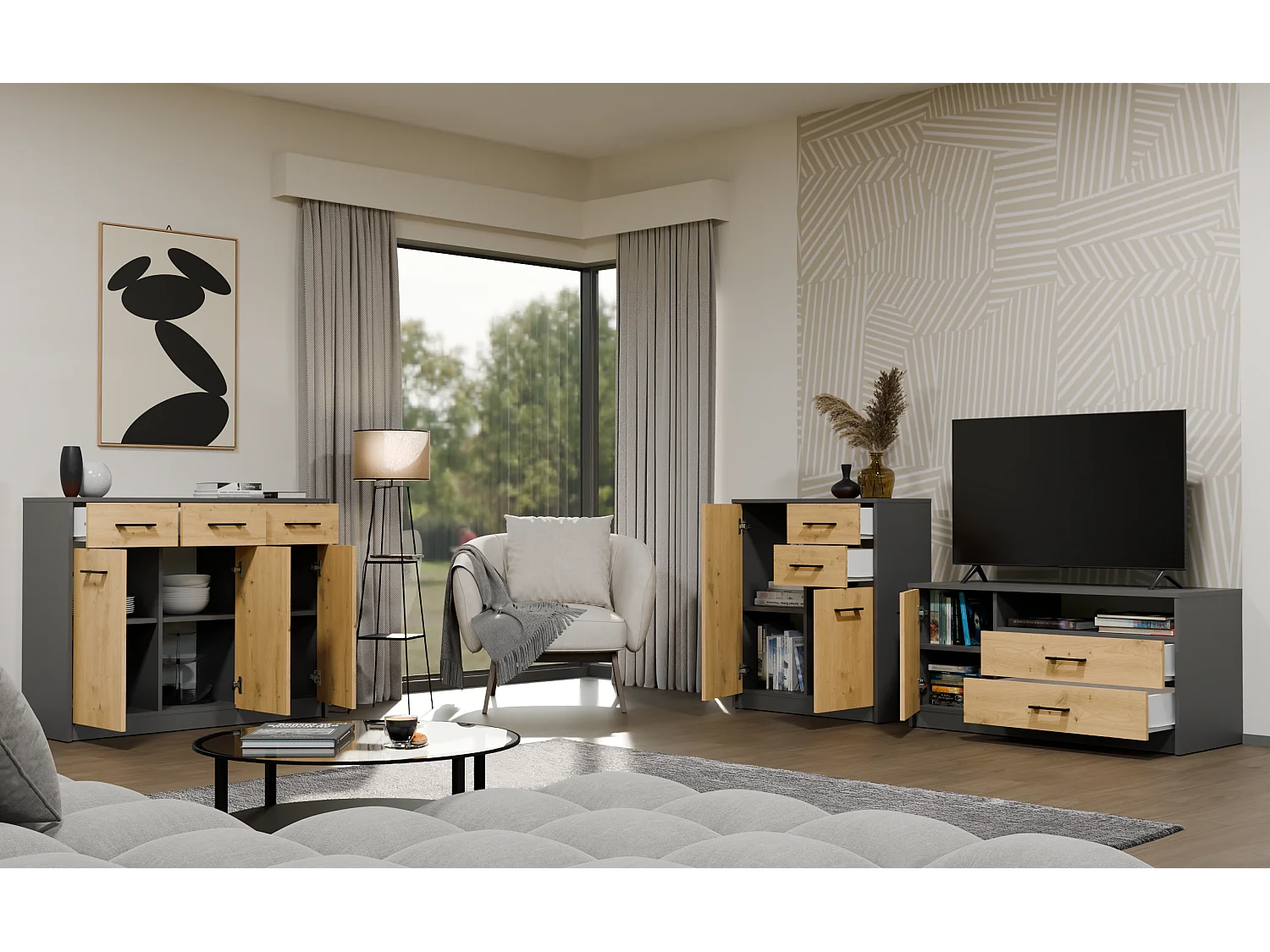 SIMPLO - Credenza 109 cm con 3 ante e 3 cassetti - Antracite rovere artigianale