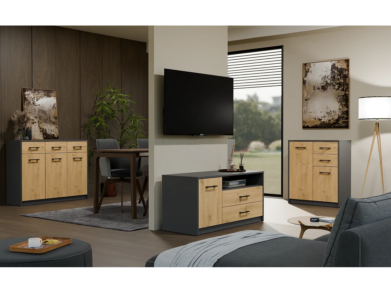 SIMPLO - Credenza 109 cm con 3 ante e 3 cassetti - Antracite rovere artigianale