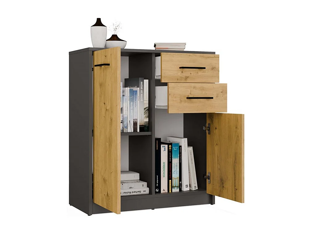 Komoda SIMPOLO 2D2S | Antracyt Dąb Artisan | 74x35x85 cm | Salon, 2 Drzwi 2 Szuflady