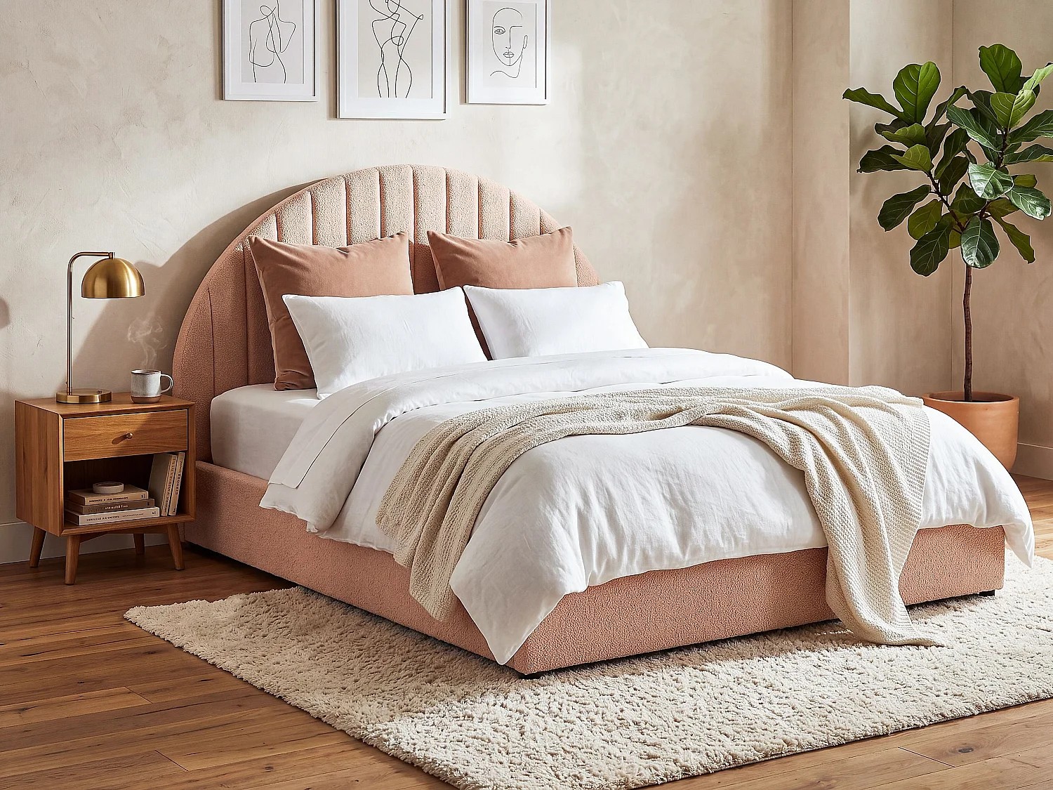 Lit ottoman CHADENET Bouclé Rose pêche 180 x 200 cm