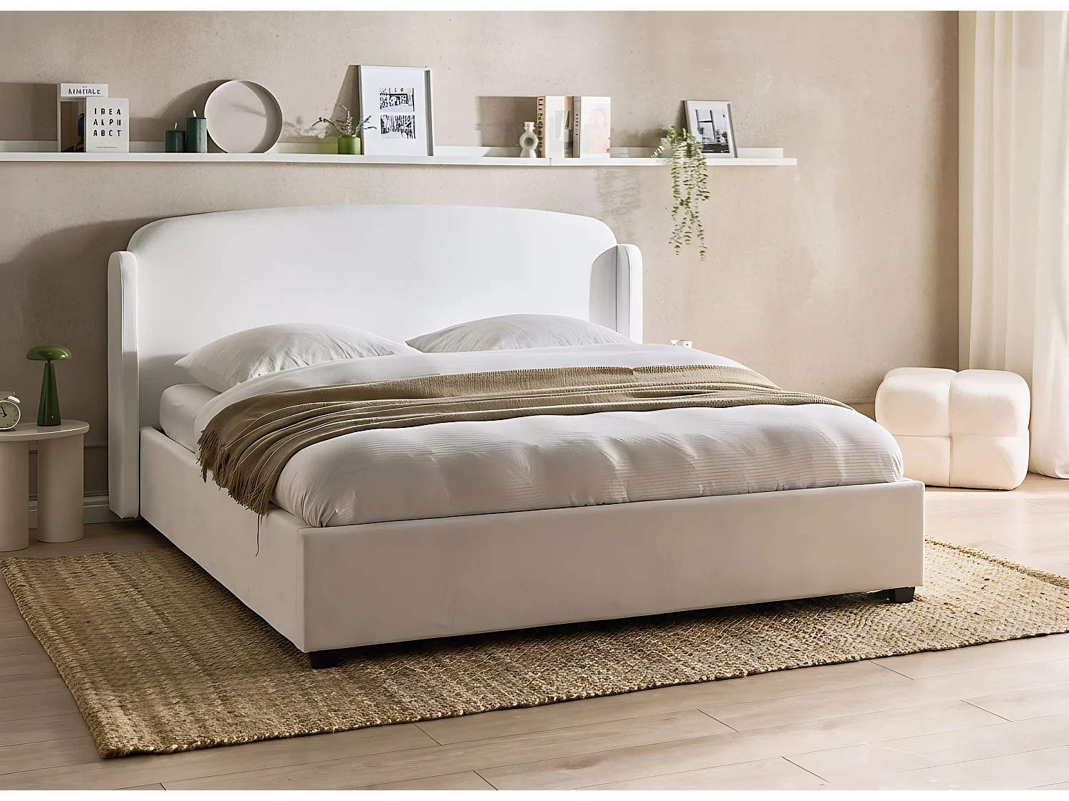 Lit ottoman Tissu BERNAY 180 x 200 cm Blanc cassé