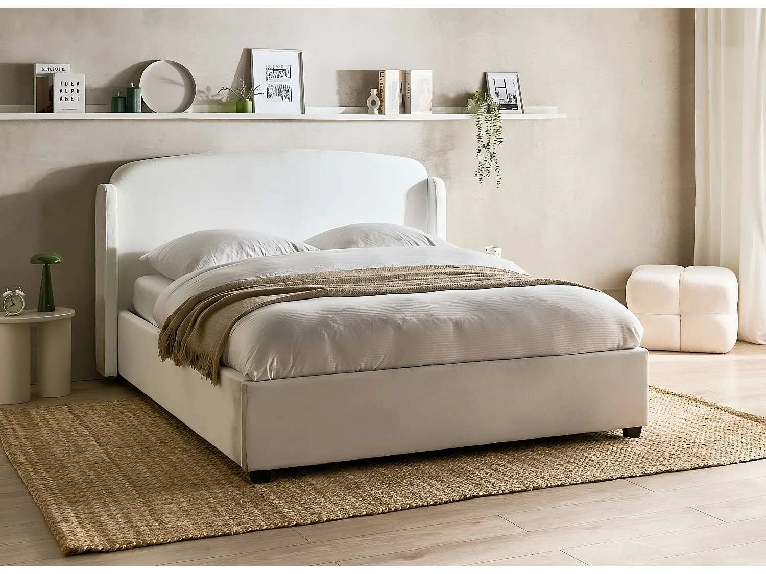 Lit ottoman Tissu BERNAY 160 x 200 cm Blanc cassé