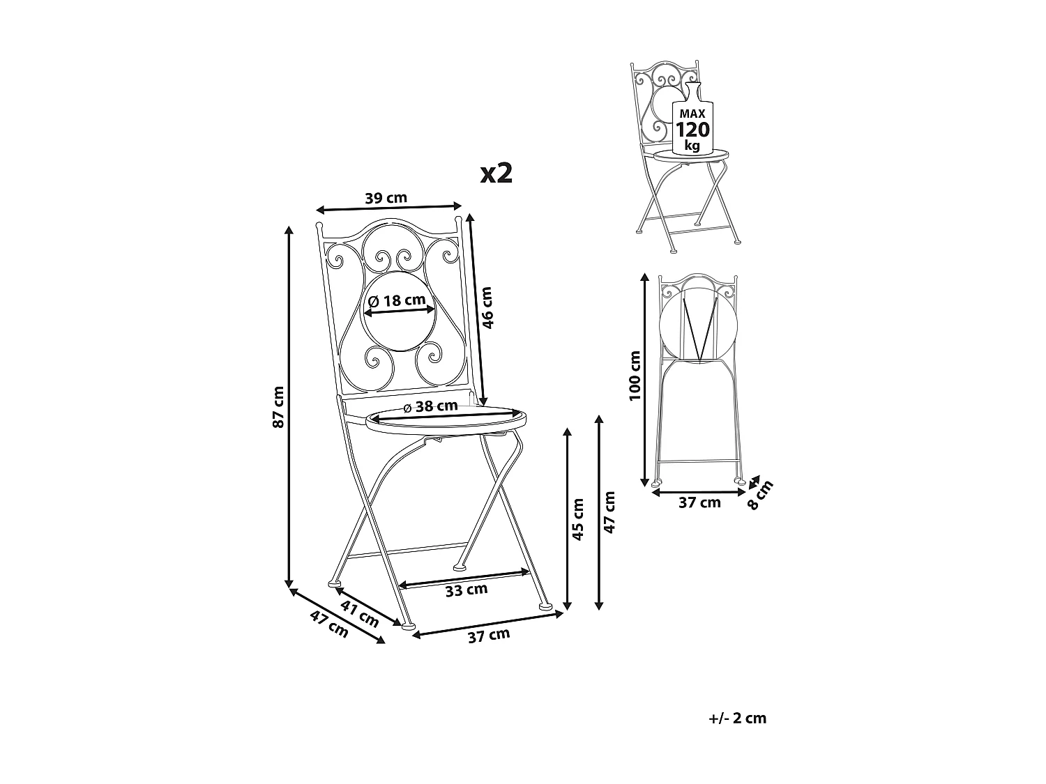 Lot de 2 chaises de jardin ARTENA Pliant Métal Noir