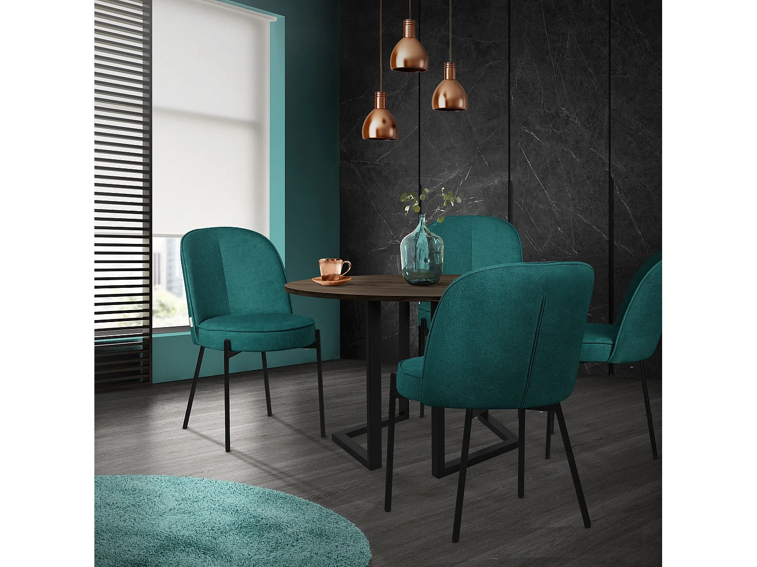 Lot de 6 chaises de salle à manger pétrole en polyester pieds en métal dossier arrondi ergonomique assise rembourrée sièges pour cuisine et salon