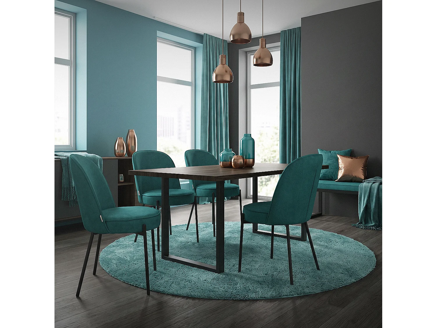 Lot de 6 chaises de salle à manger pétrole en polyester pieds en métal dossier arrondi ergonomique assise rembourrée sièges pour cuisine et salon