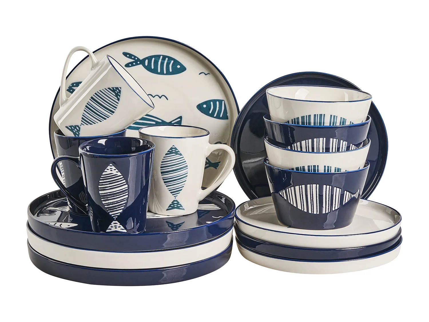 Set de 16 couverts de table TAMARIND Porcelaine Blanc/bleu