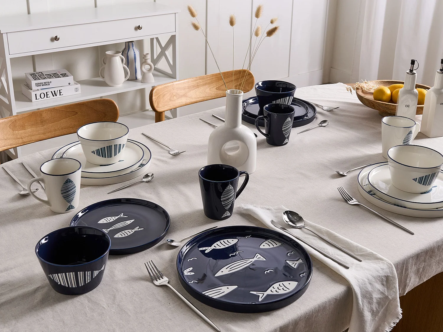 Set de 16 couverts de table TAMARIND Porcelaine Blanc/bleu