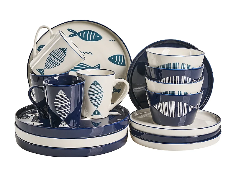 Set de 16 couverts de table TAMARIND Porcelaine Blanc/bleu