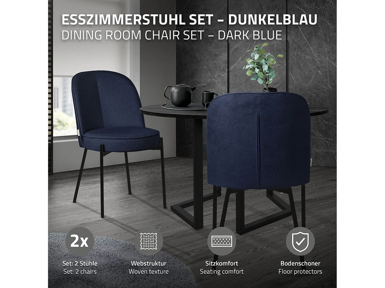 Lot de 2 chaises de salle à manger bleu foncé en polyester pieds en métal dossier arrondi ergonomique assise rembourrée sièges pour cuisine et salon