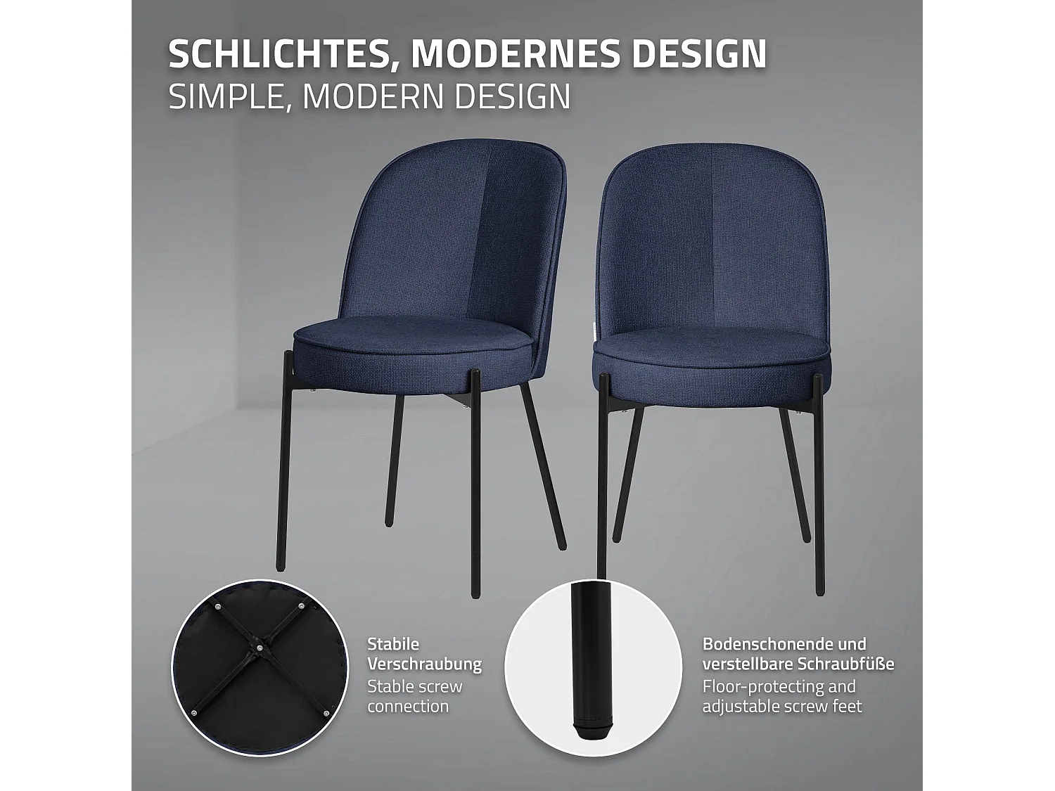 Lot de 2 chaises de salle à manger bleu foncé en polyester pieds en métal dossier arrondi ergonomique assise rembourrée sièges pour cuisine et salon