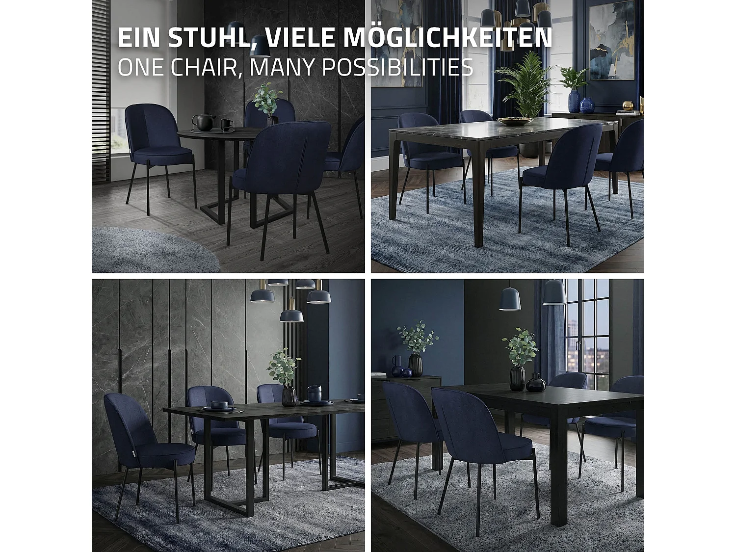 Lot de 2 chaises de salle à manger bleu foncé en polyester pieds en métal dossier arrondi ergonomique assise rembourrée sièges pour cuisine et salon