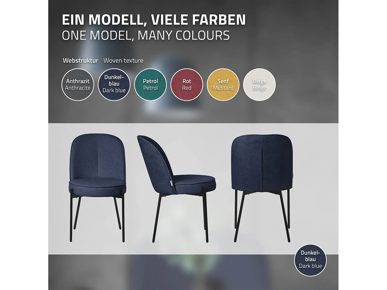Lot de 2 chaises de salle à manger bleu foncé en polyester pieds en métal dossier arrondi ergonomique assise rembourrée sièges pour cuisine et salon